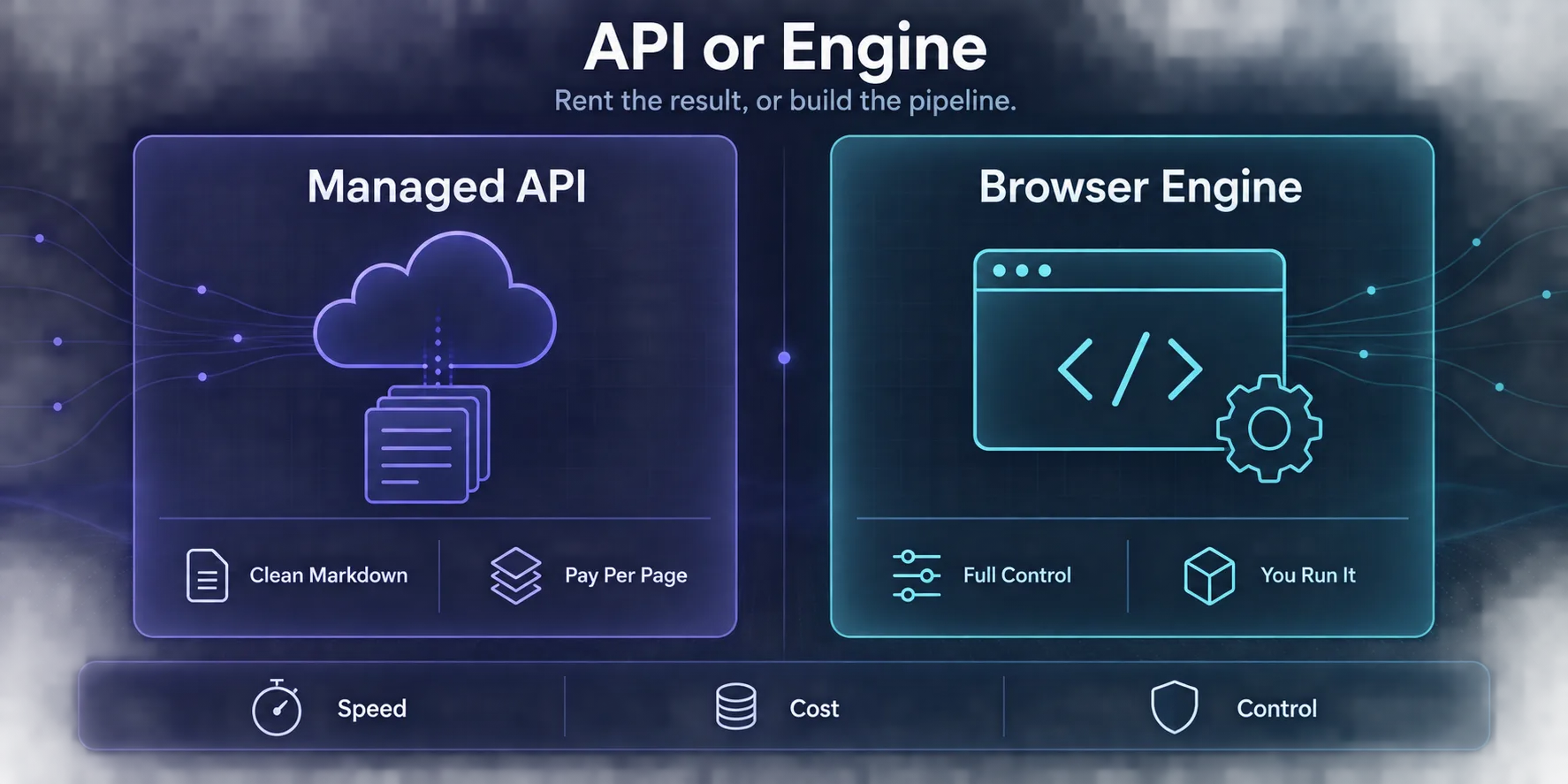 Comparison of a managed web data API that returns clean Markdown versus a browser engine you control and run yourself