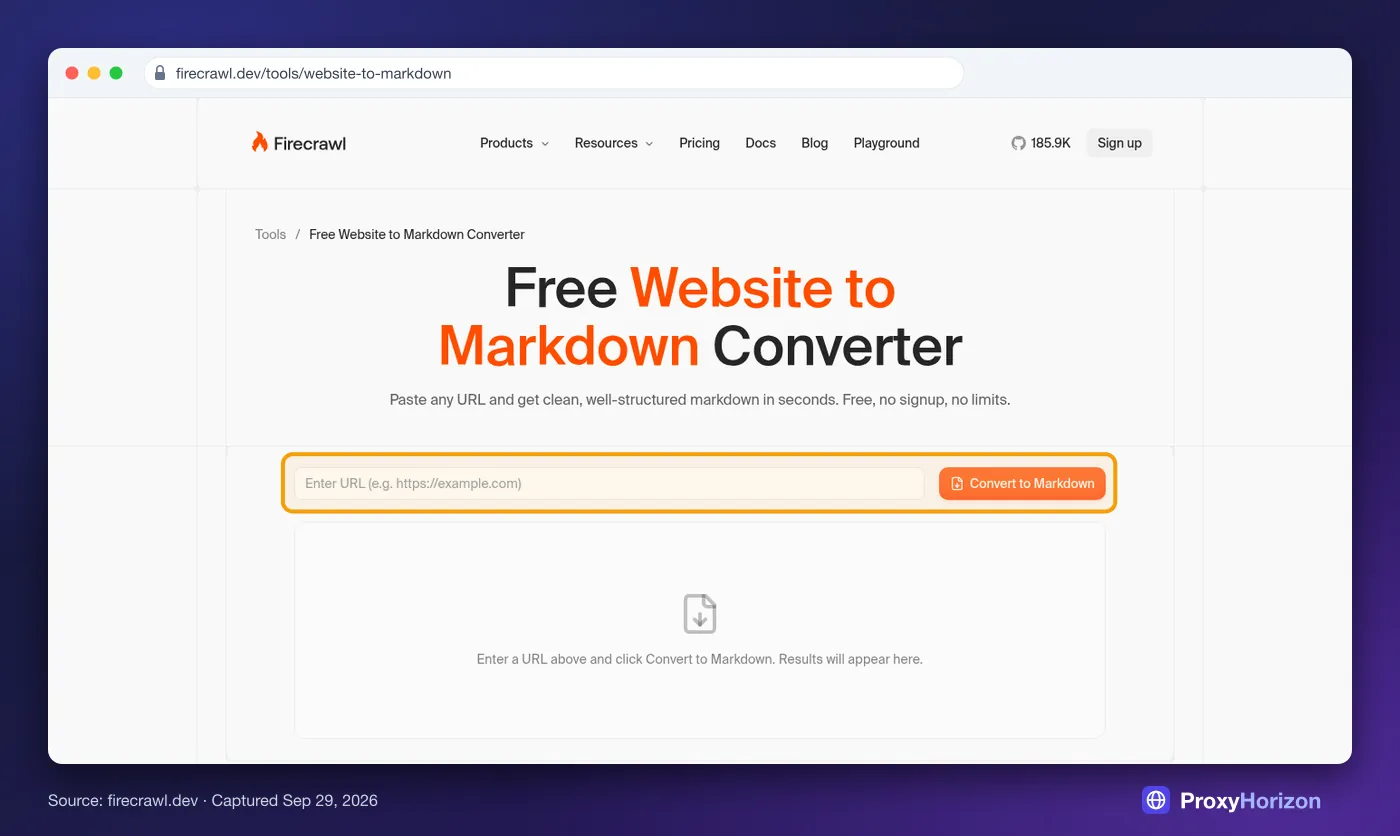 Firecrawl’s free website to Markdown converter with a URL box and a Convert to Markdown button, no signup needed