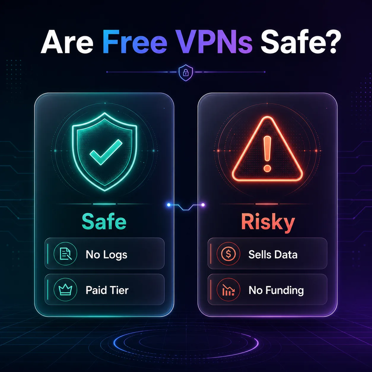 Infographic contrasting safe free VPNs (no logs, paid tier) with risky ones (sells data, no funding)