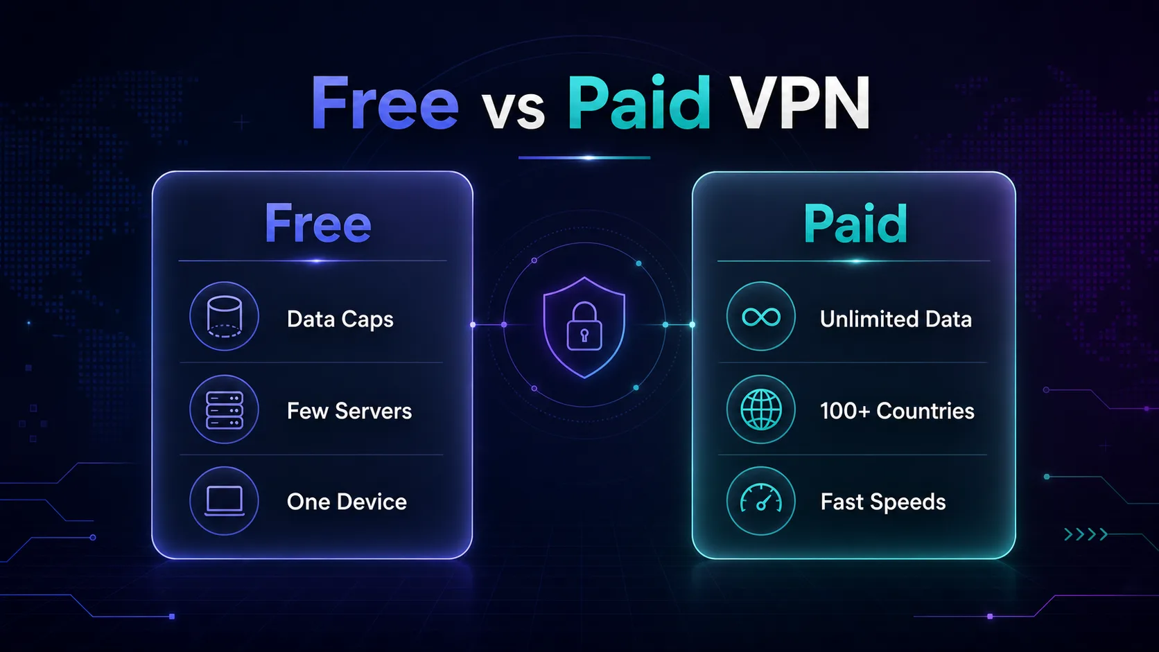 Comparison of free VPN limits (data caps, few servers, one device) versus paid VPN benefits (unlimited data, 100+ countries, fast speeds)