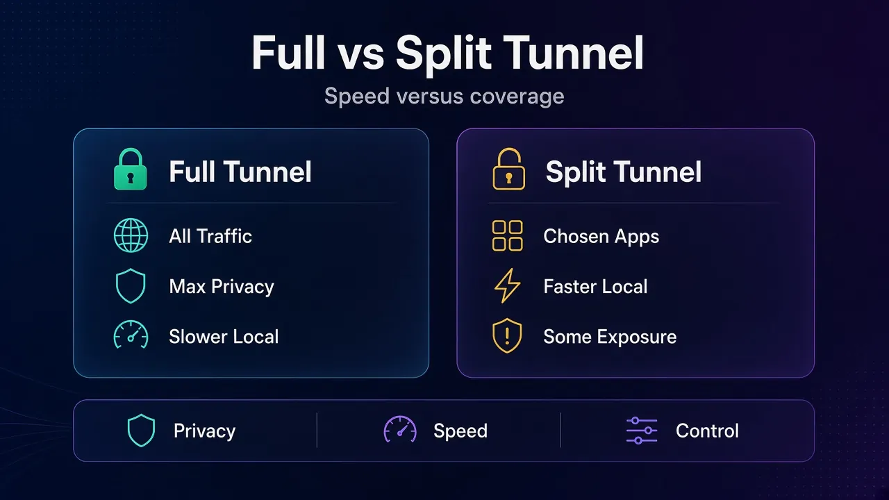 Comparison infographic of full tunnel versus split tunnel VPN: full tunnel covers all traffic with maximum privacy, split tunnel covers chosen apps with faster local access and some exposure
