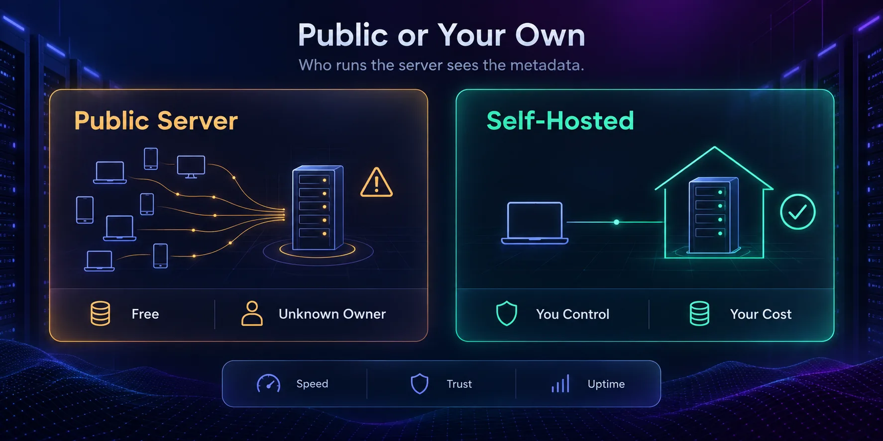 Comparison of using a shared public MTProto server versus self-hosting your own server