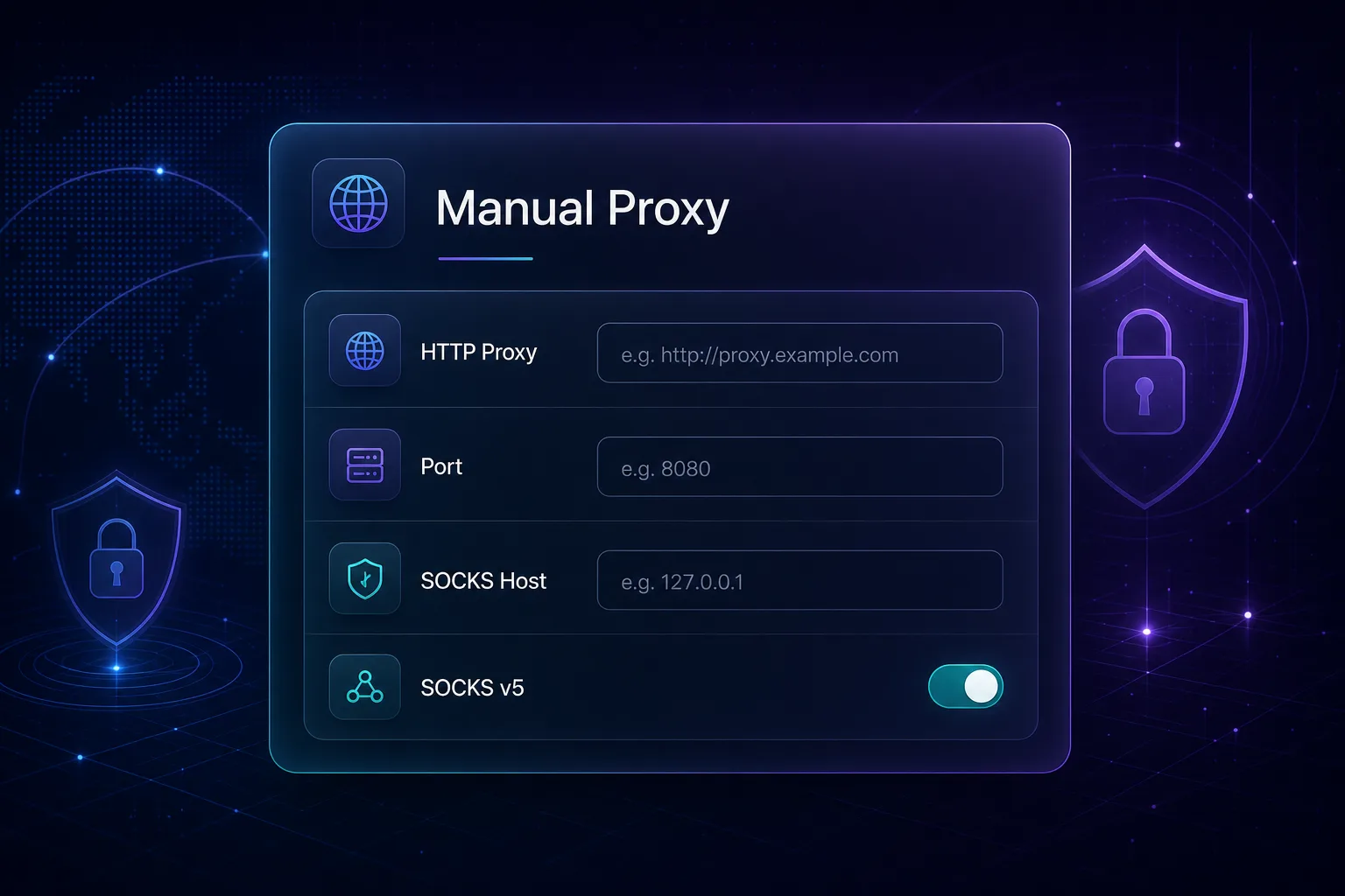 Firefox manual proxy configuration panel showing HTTP Proxy, Port, SOCKS Host, and SOCKS v5 fields