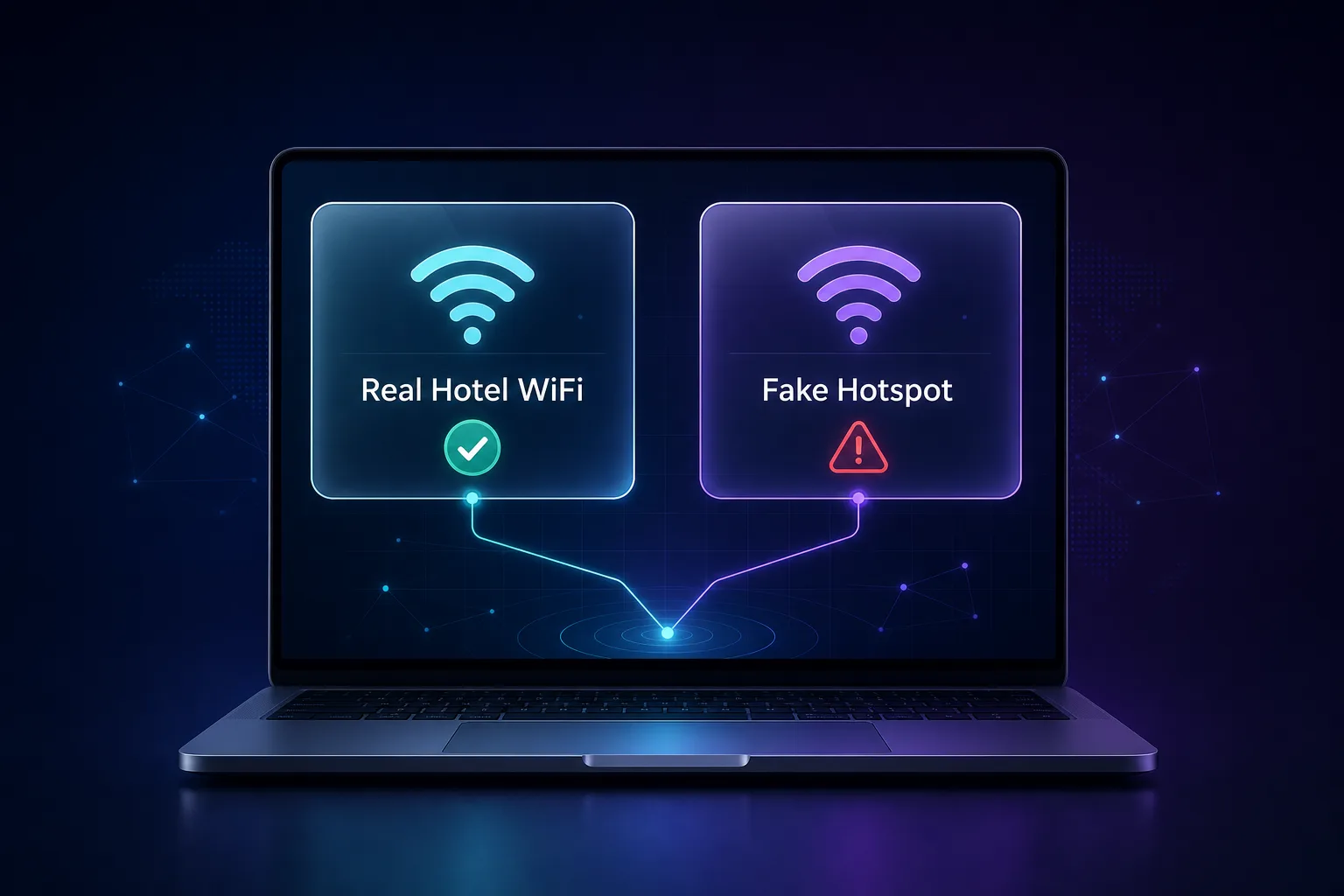 Evil twin attack illustration: a laptop showing a real hotel Wi-Fi network with a green check next to a nearly identical fake hotspot with a red warning