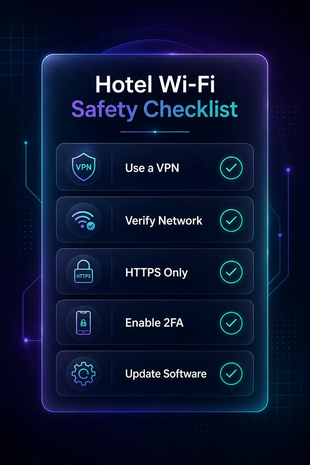 Hotel Wi-Fi safety checklist: use a VPN, verify network, HTTPS only, enable 2FA, update software