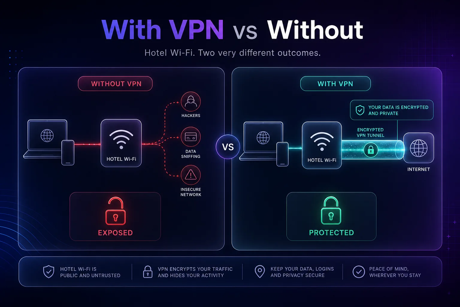 Comparison of hotel Wi-Fi with and without a VPN: without a VPN your traffic is exposed to hackers and sniffing; with a VPN it travels through an encrypted tunnel and is protected
