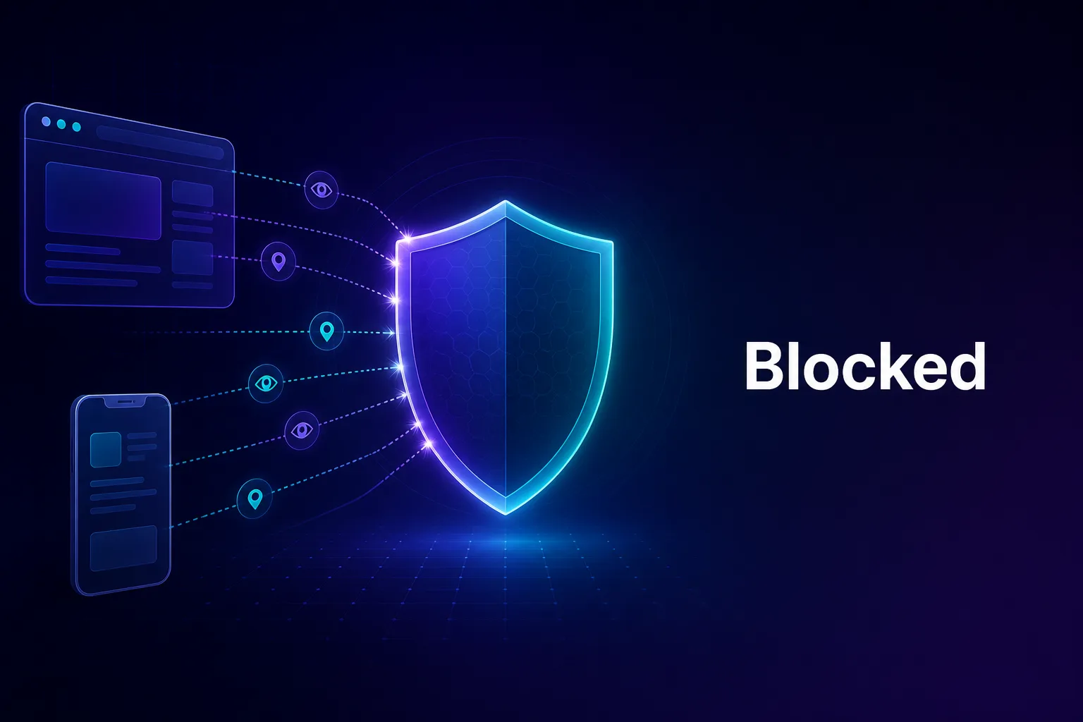 Concept illustration of a shield blocking tracking signals from a browser window and a smartphone