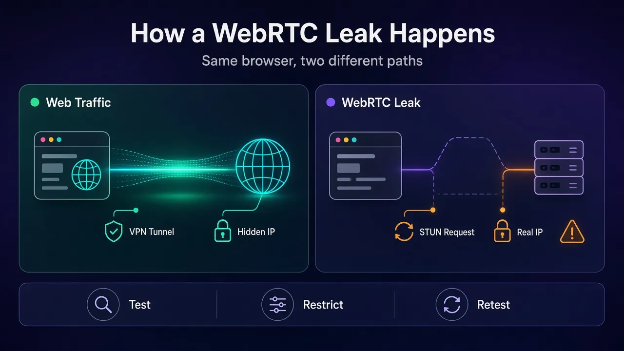 Diagram comparing normal web traffic passing through a VPN tunnel with a WebRTC STUN request going around it and exposing the real IP