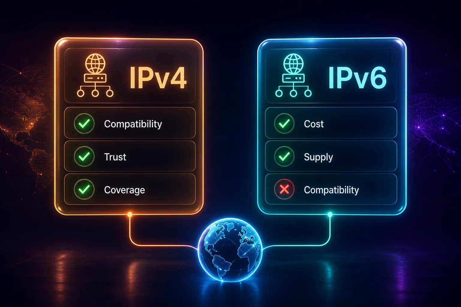 IPv4 proxies win on compatibility, trust and coverage, while IPv6 proxies win on cost and supply but lose on compatibility