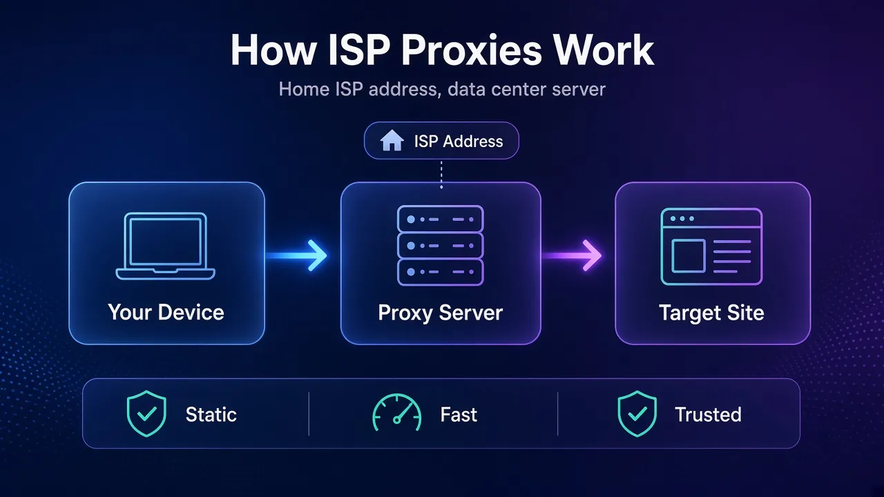 Diagram of how ISP proxies work: your device connects to a proxy server holding an ISP address, which then reaches the target site