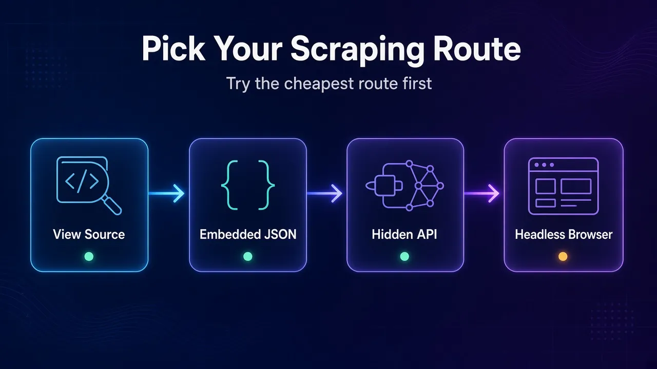 Decision flow for scraping JavaScript websites: view source, then embedded JSON, then hidden API, and only then a headless browser