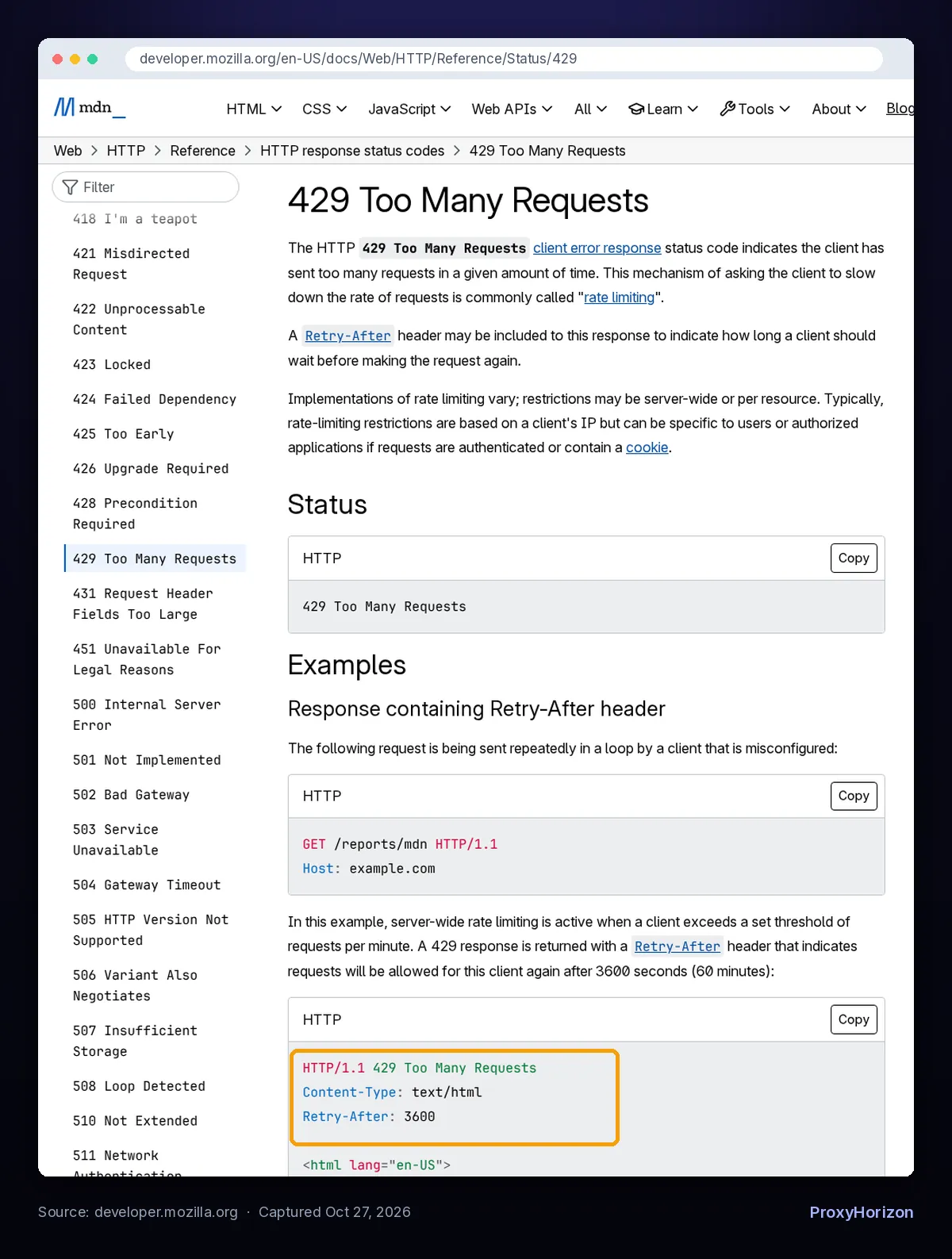 MDN Web Docs page for the HTTP 429 Too Many Requests status code explaining rate limiting and an example response with a Retry-After header of 3600 seconds