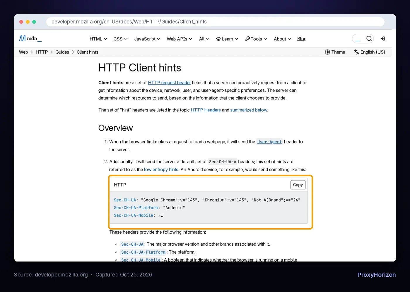 MDN HTTP Client hints documentation page explaining that browsers send a default set of Sec-CH-UA low entropy hints and that servers request more with the Accept-CH header