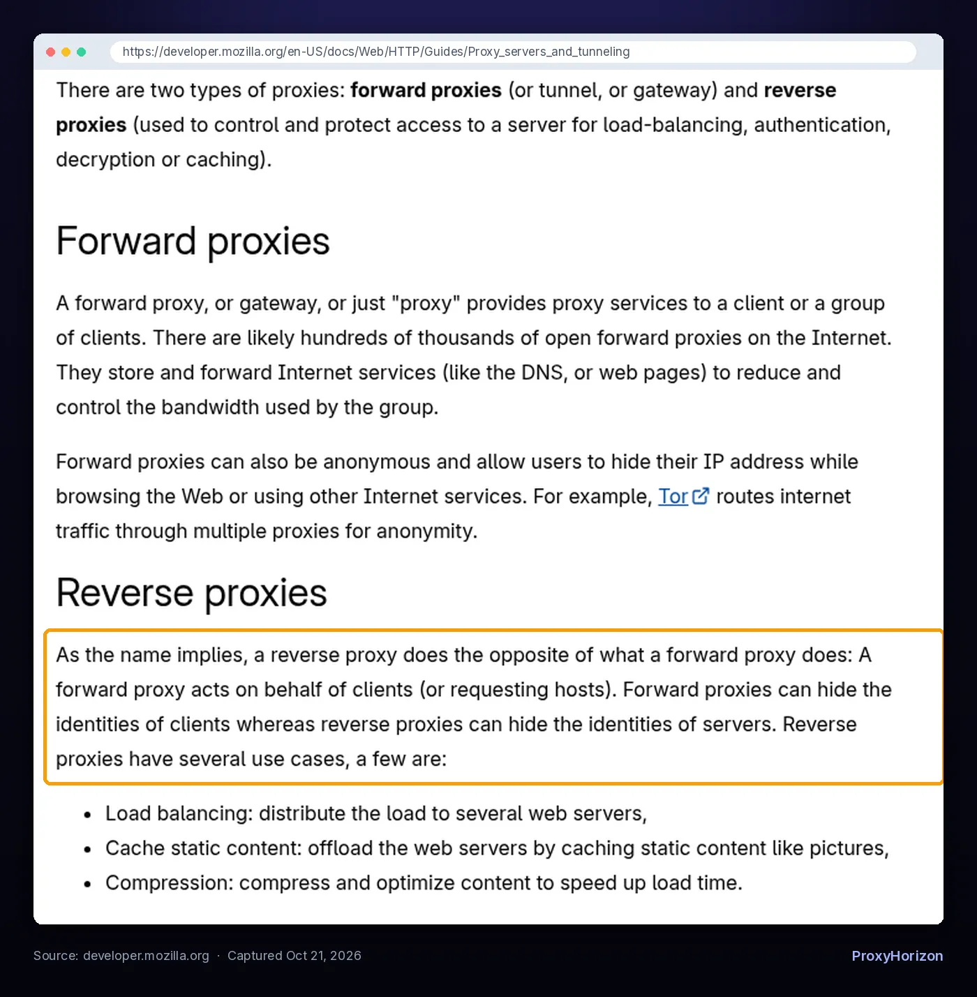 MDN Proxy servers and tunneling page explaining forward proxies and reverse proxies, highlighting that reverse proxies hide the identities of servers