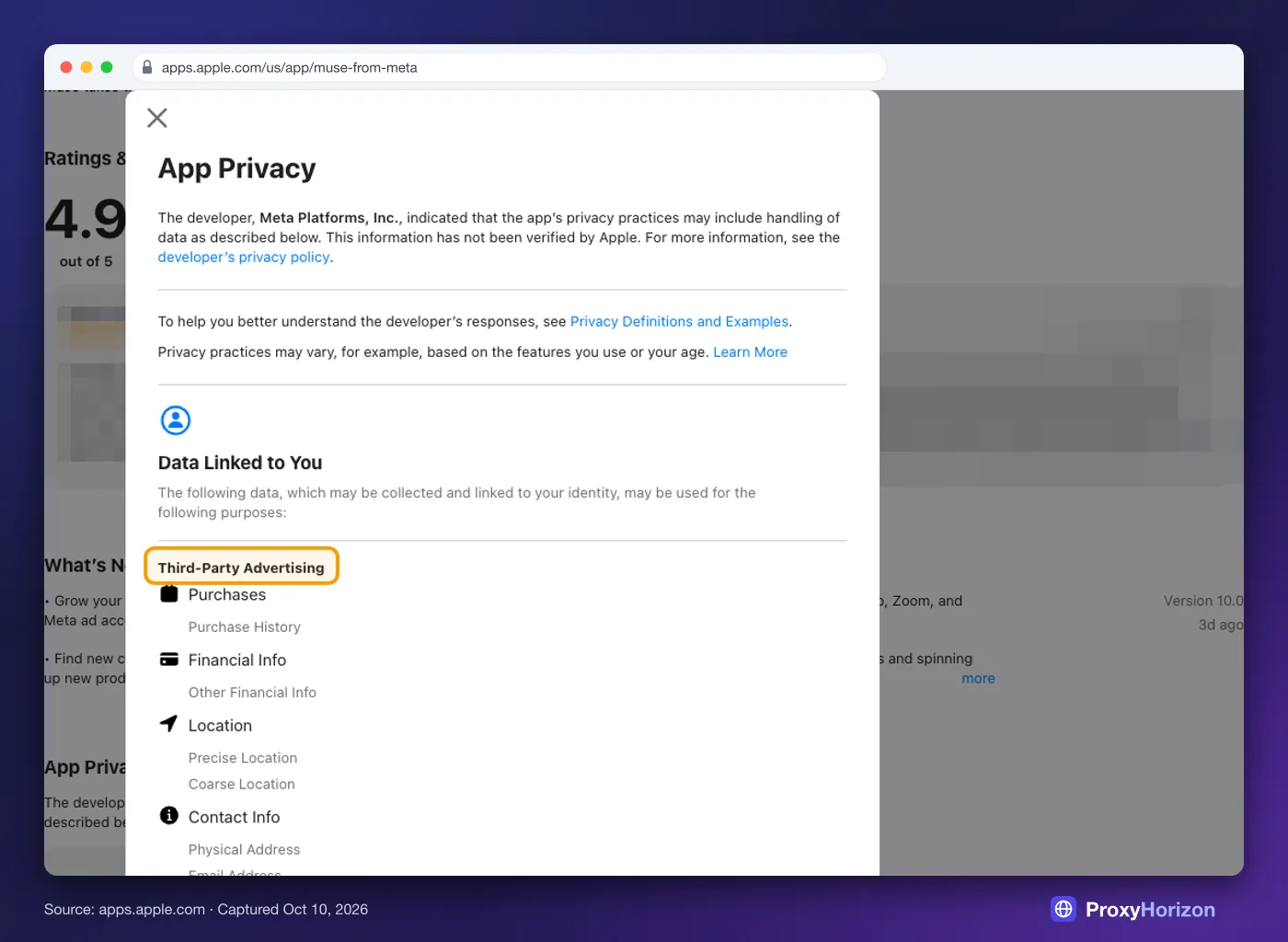 Muse App Store privacy details listing Third-Party Advertising as a purpose for purchases, financial info, location and contact info