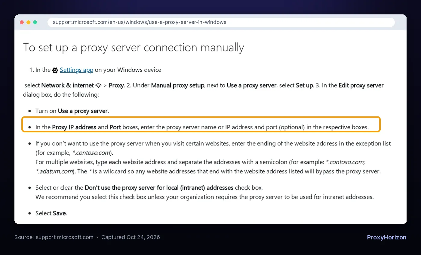 Microsoft Support page showing how to set up a proxy server connection manually in Windows, with the Proxy IP address and Port step highlighted
