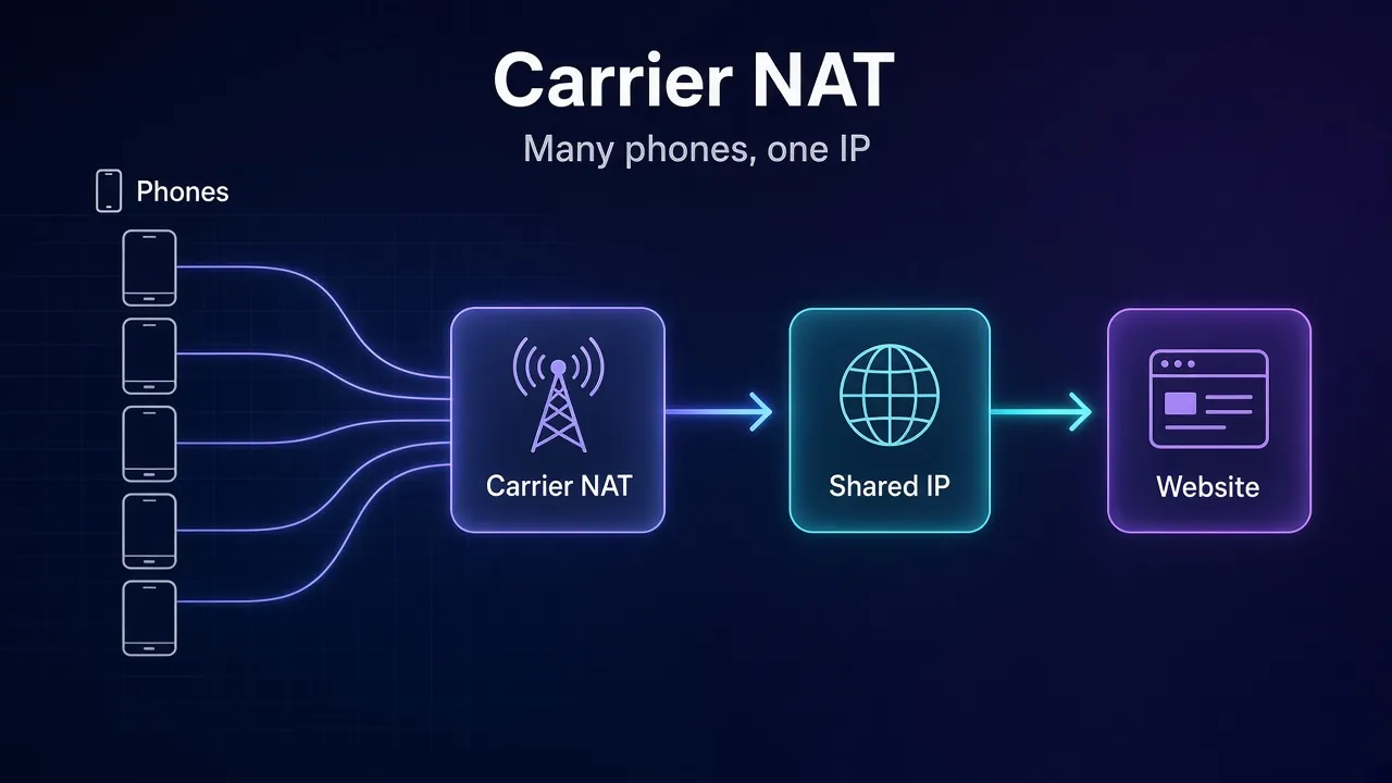 Diagram of carrier-grade NAT on a mobile network: several phones share one carrier NAT and reach websites through one shared IP