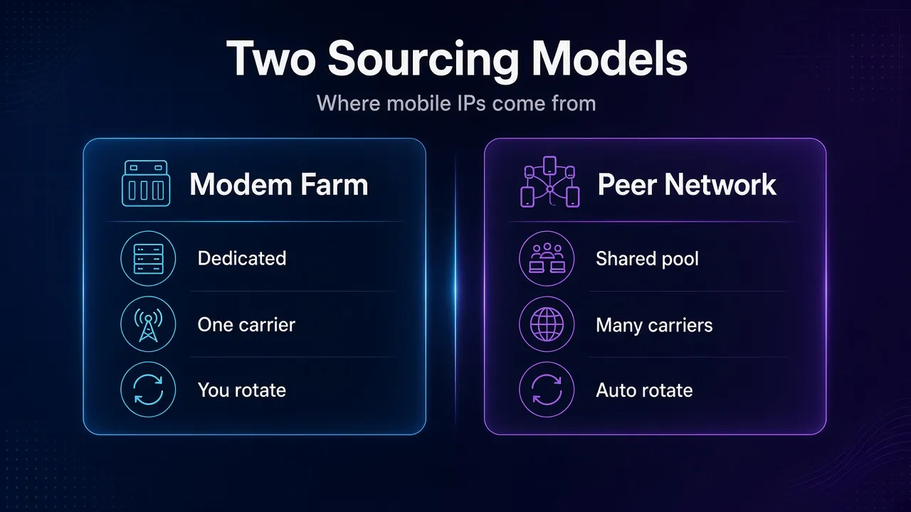 Comparison infographic of two mobile proxy sourcing models: a modem farm with dedicated IPs versus a peer network of shared phones