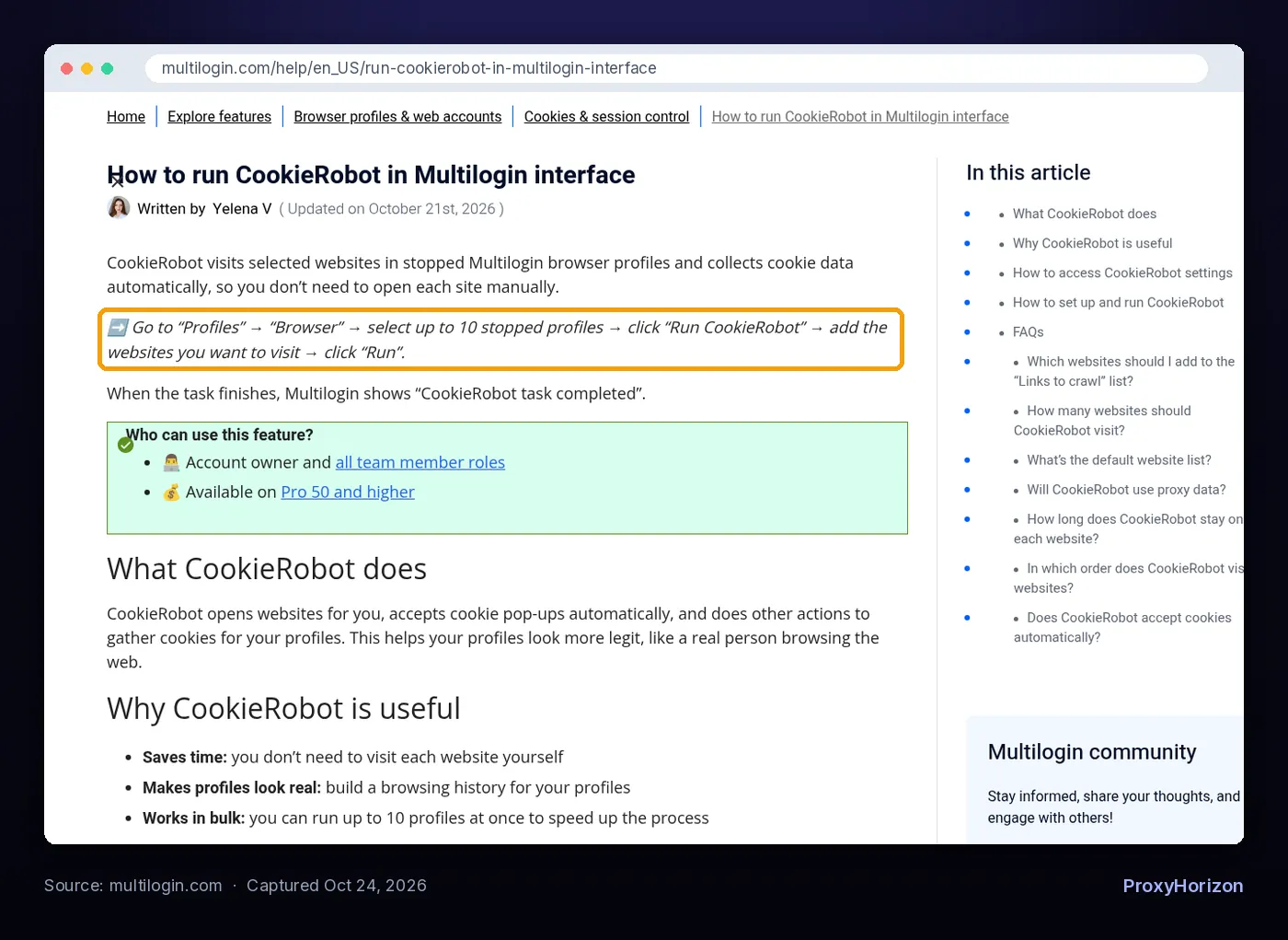 Multilogin help page showing how to run CookieRobot on up to 10 stopped browser profiles to collect cookies before account signup