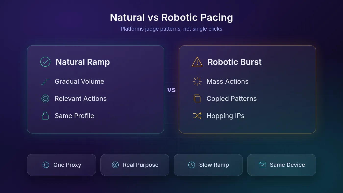 Comparison of natural account warm-up pacing with gradual relevant actions versus robotic bursts of mass actions, copied patterns and changing IPs