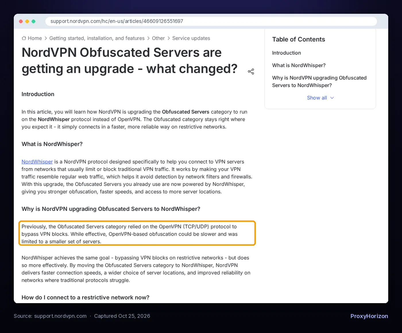 NordVPN support article explaining that obfuscated servers moved from OpenVPN to the NordWhisper protocol, with the note that OpenVPN-based obfuscation could be slower highlighted
