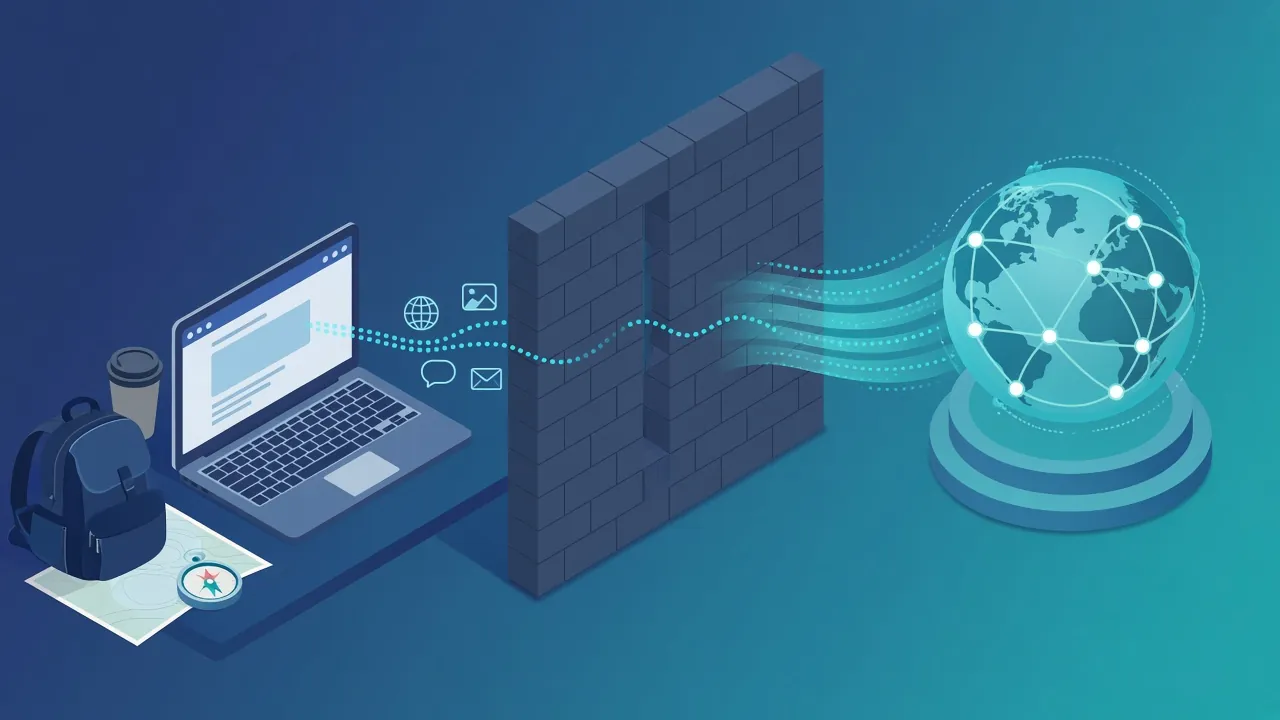 Laptop on a restrictive network sending a camouflaged VPN tunnel through a gap in a brick wall to a glowing globe