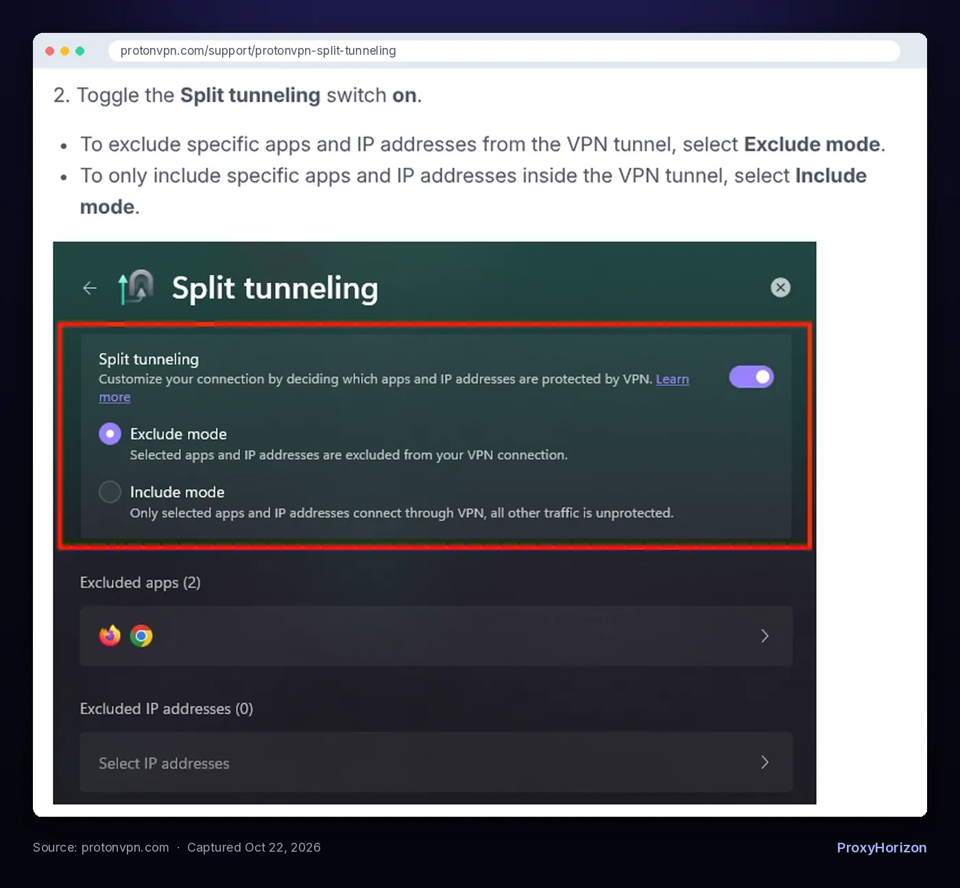 Proton VPN support page screenshot showing the split tunneling switch with Exclude mode and Include mode options for apps and IP addresses