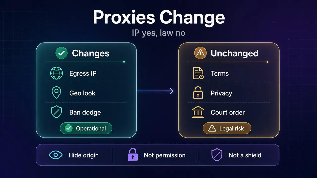 Comparison diagram showing what proxies change (egress IP) versus what they do not change (terms of service, privacy law, bans)