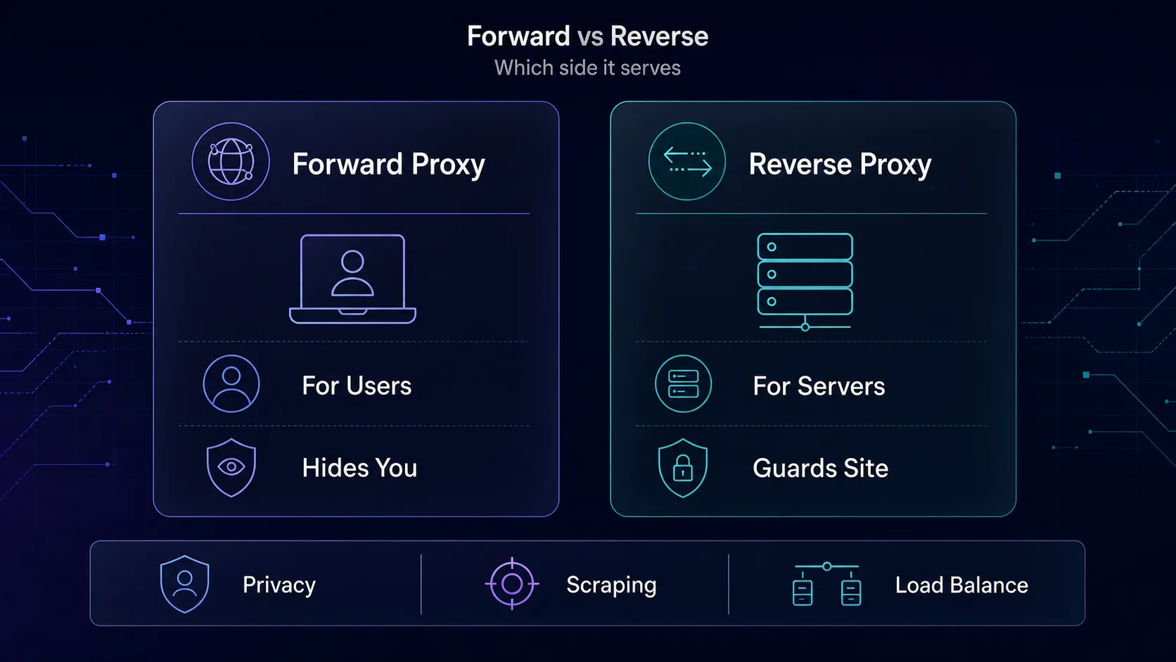 Forward proxy vs reverse proxy: a forward proxy works for users and hides them, a reverse proxy works for servers and guards the site