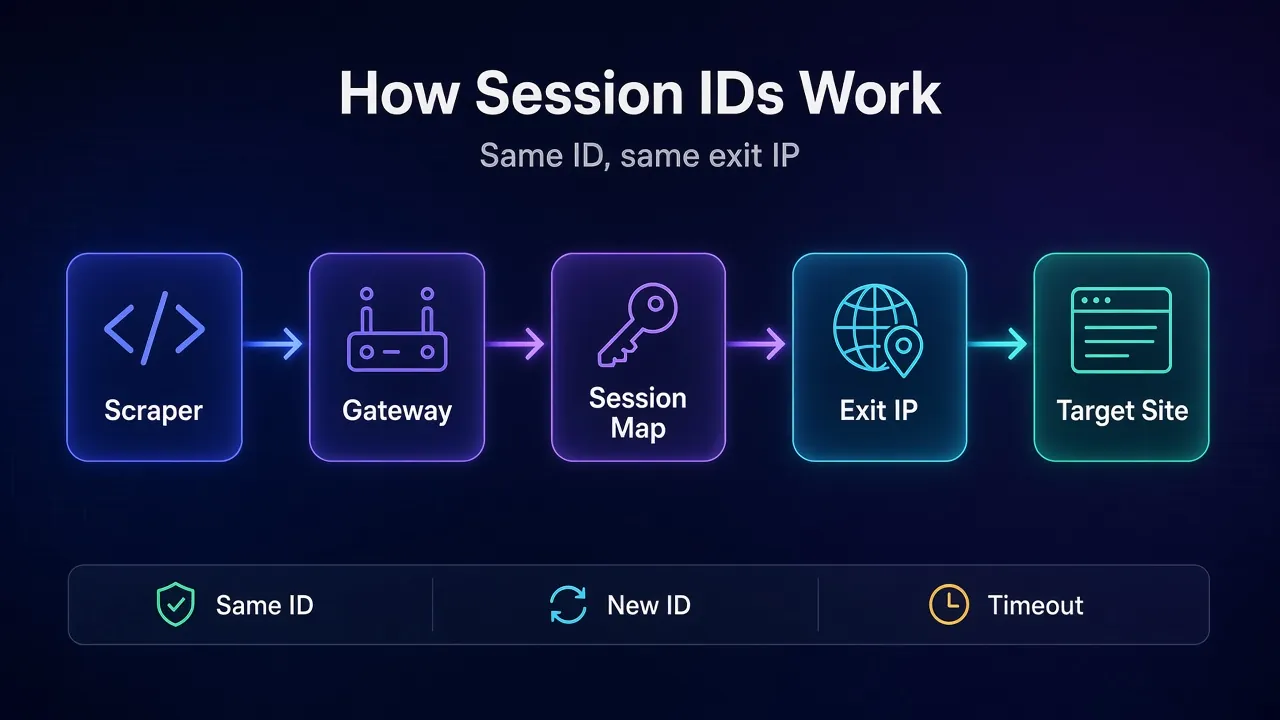 Flow diagram showing a scraper sending a session ID to the proxy gateway, which maps it to the same exit IP for each request to the target site
