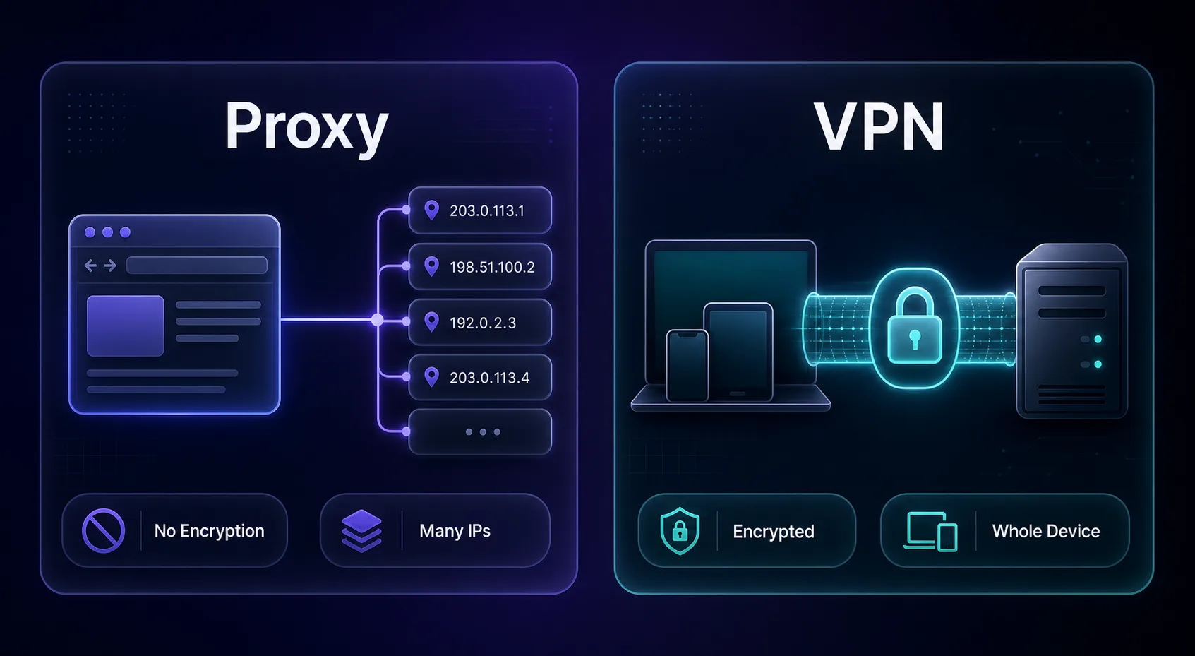 Diagram comparing a proxy routing one app through many IPs without encryption versus a VPN encrypting a whole device through a secure tunnel