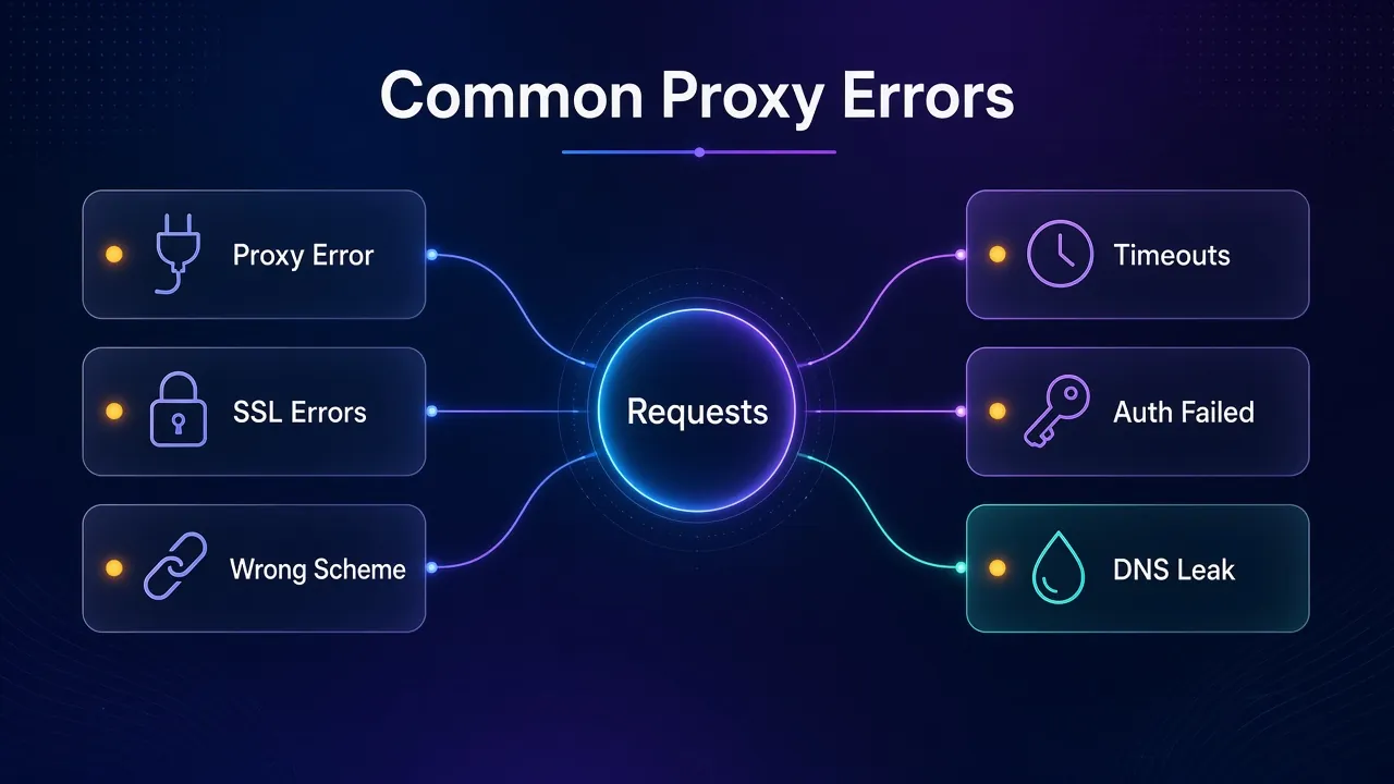 Mind map of common Python Requests proxy errors: proxy error, timeouts, SSL errors, auth failed, wrong scheme and DNS leak