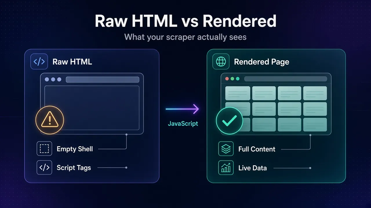 Comparison of raw HTML versus a rendered page: the raw HTML is an empty shell of script tags while the rendered page shows full content and live data after JavaScript runs