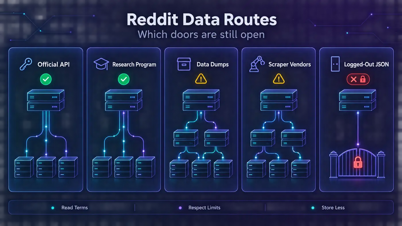 Infographic of Reddit data routes: Official API and Research Program marked open, Data Dumps and Scraper Vendors marked risky, Logged-Out JSON marked closed