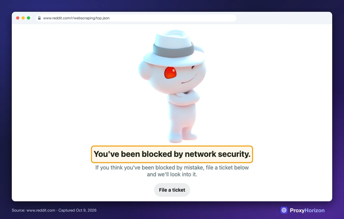 Reddit block page reading You’ve been blocked by network security, returned for a logged-out request to a subreddit’s top.json URL