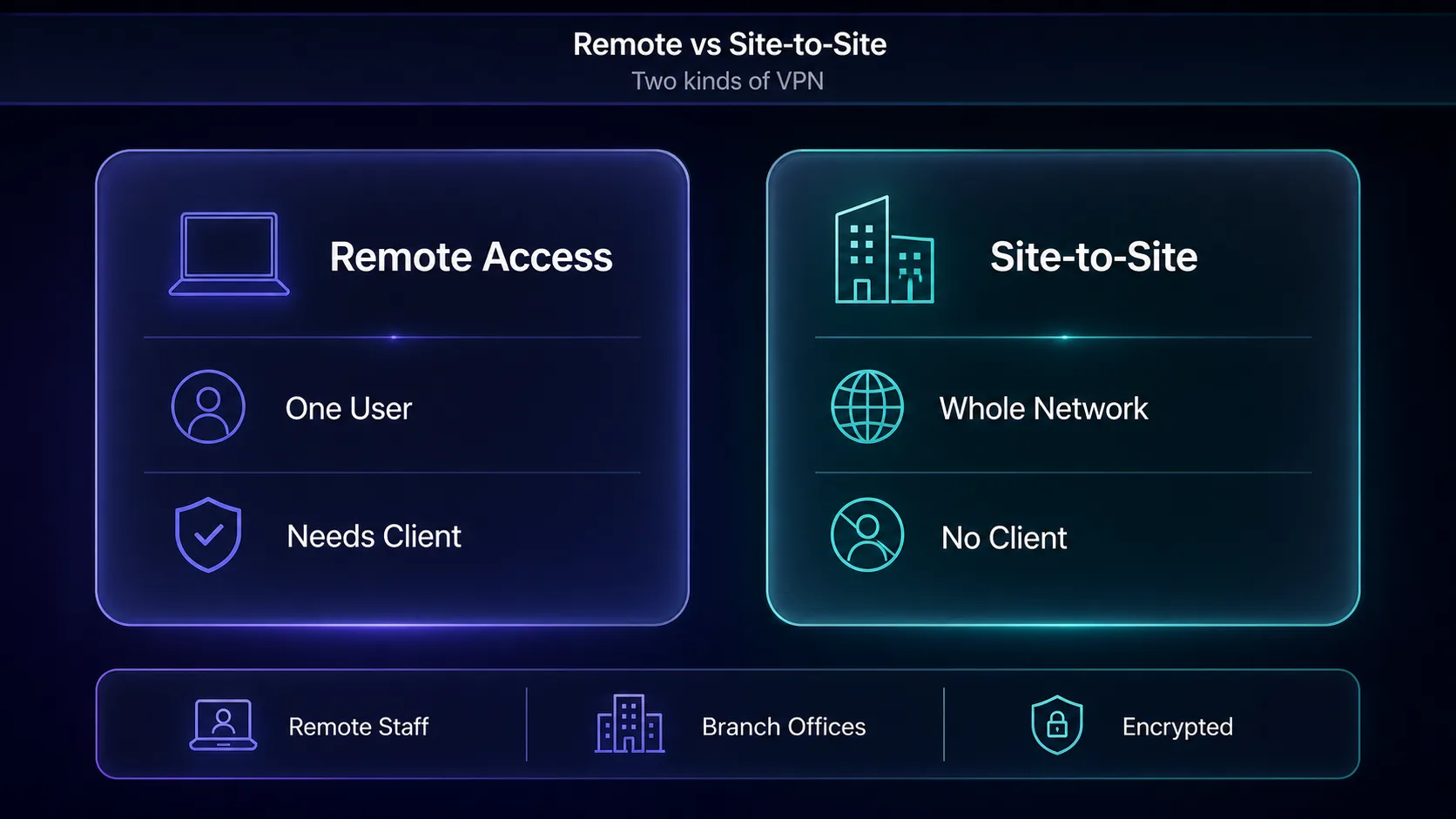 Remote access VPN vs site-to-site VPN: remote access connects one user and needs a client, site-to-site connects a whole network with no client