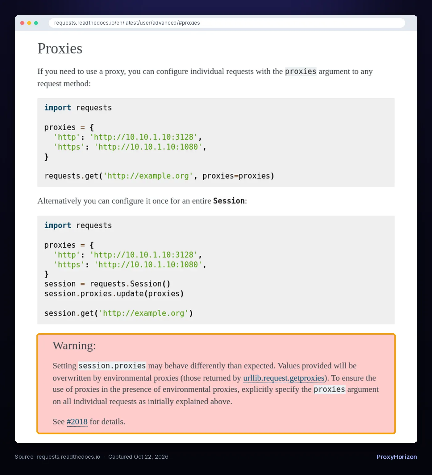 Screenshot of the Python Requests documentation Proxies section with the warning about session.proxies being overwritten by environment proxies highlighted