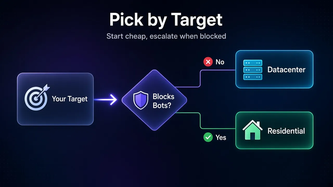 Decision flow for choosing a proxy: if your target blocks bots use residential proxies, if it doesn’t use datacenter proxies