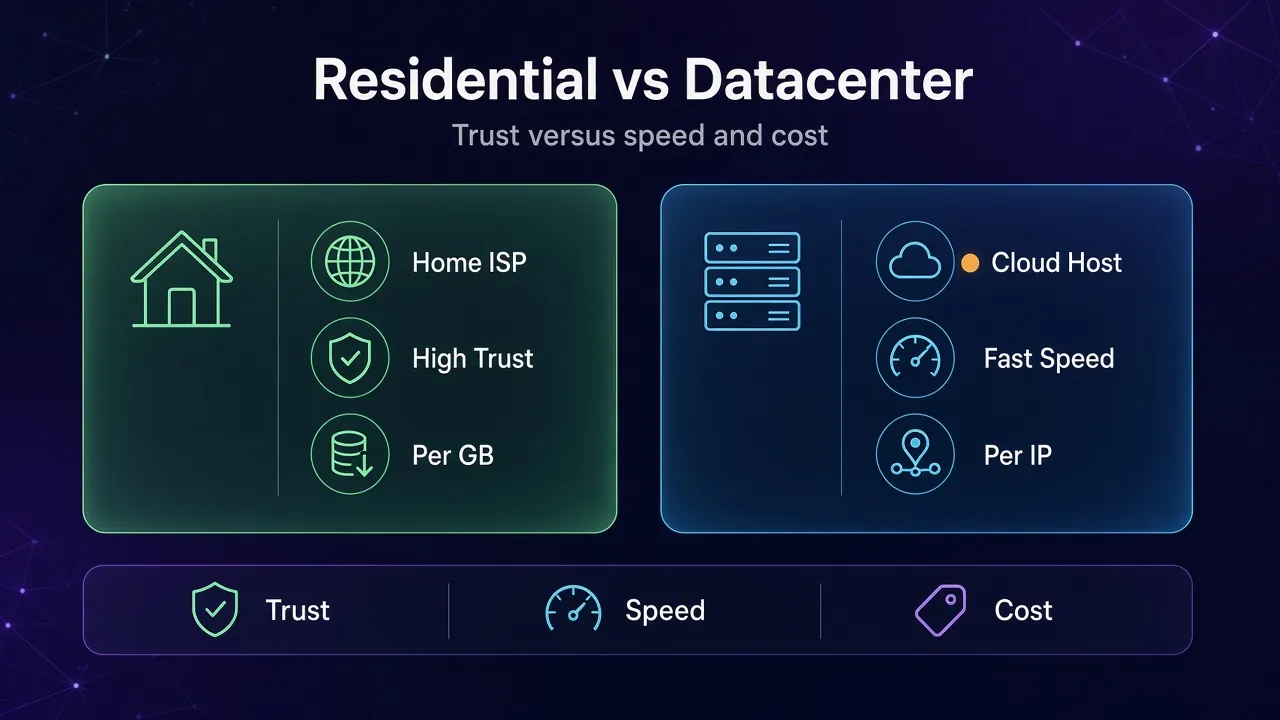 Comparison infographic of residential vs datacenter proxies showing home ISP, high trust and per GB pricing against cloud host, fast speed and per IP pricing