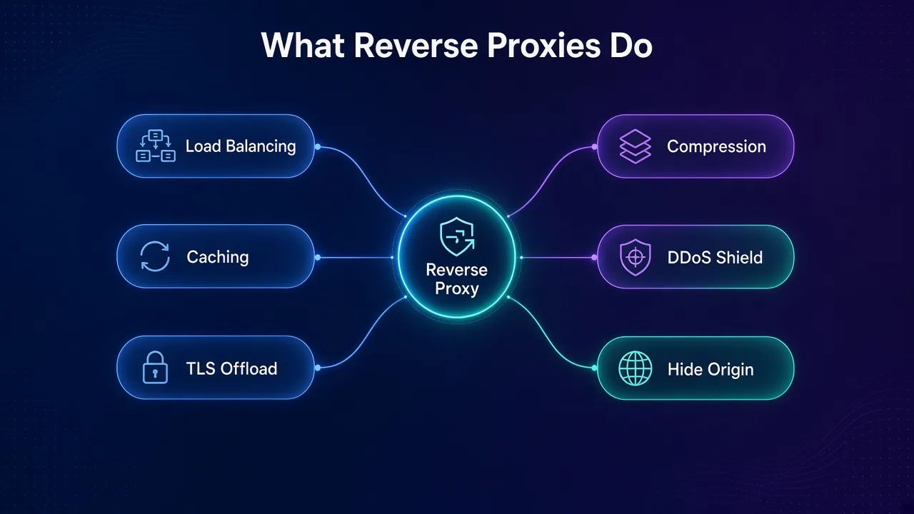 Mind map of reverse proxy jobs: load balancing, caching, TLS offload, compression, DDoS shield and hiding the origin server