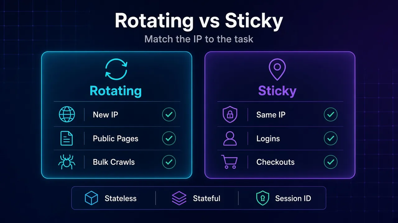 Comparison of rotating proxy sessions for new IPs on public pages and bulk crawls versus sticky sessions for logins and checkouts
