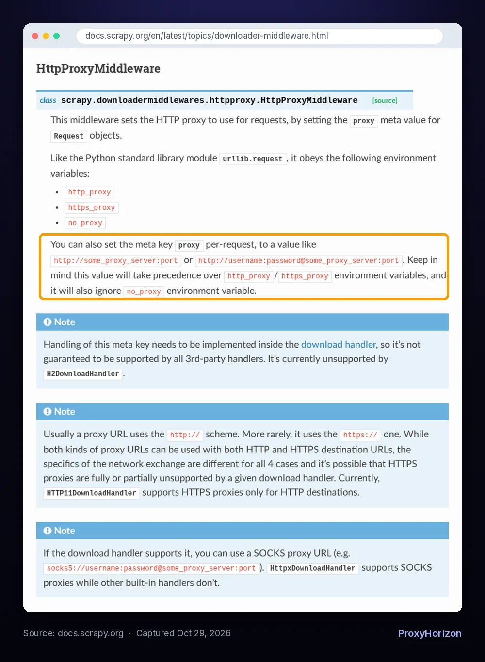 Screenshot of the Scrapy documentation for HttpProxyMiddleware with the paragraph about the proxy meta key highlighted