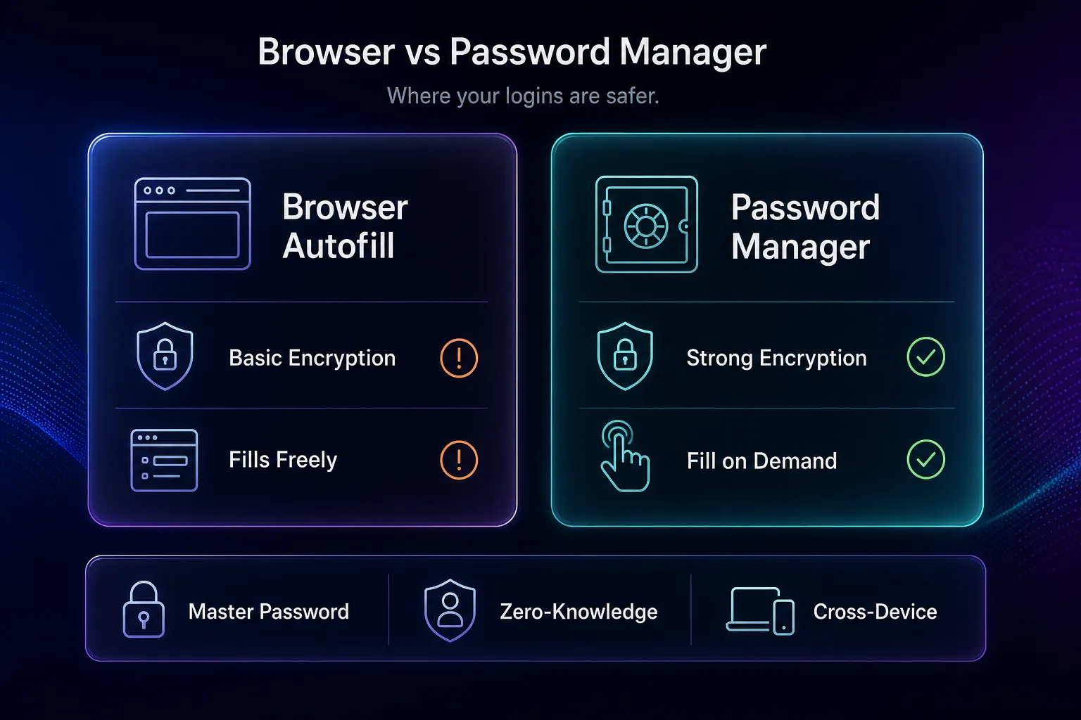 Comparison of browser autofill versus a password manager: browser autofill has basic encryption and fills freely, a password manager has strong encryption and fills on demand
