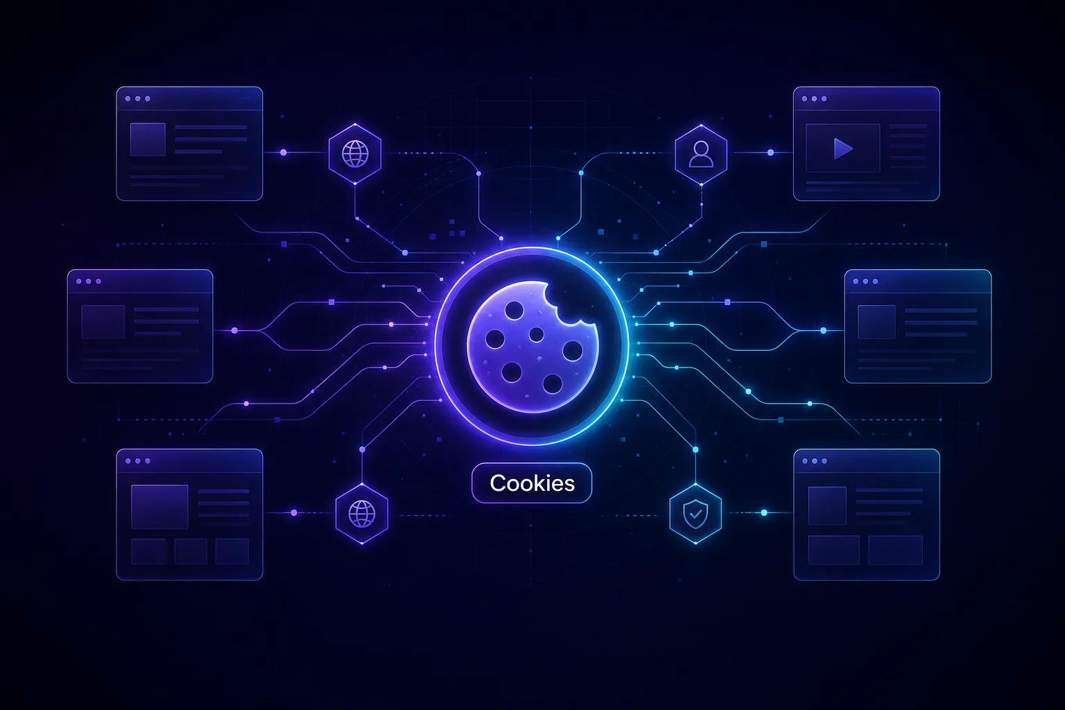 Concept illustration of a website cookie connected to a web of cross-site tracking nodes and browser windows