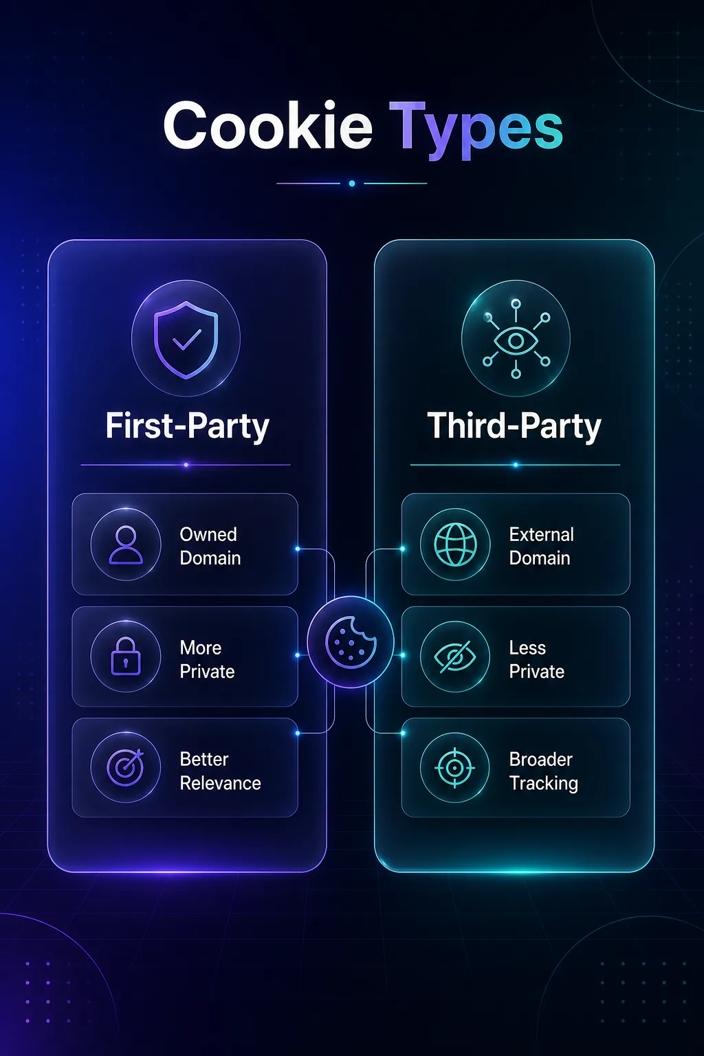 Infographic comparing first-party and third-party cookies by ownership, privacy, and tracking scope