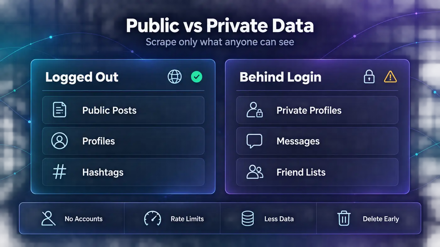 Infographic comparing logged-out public data such as posts, profiles and hashtags with private profiles, messages and friend lists behind a login
