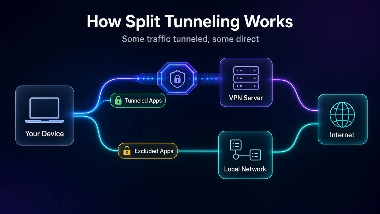 Diagram showing how split tunneling works: tunneled apps go through an encrypted VPN server while excluded apps go directly through the local network to the internet