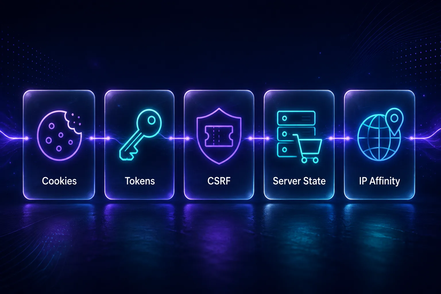The five components of session state: cookies, tokens, CSRF, server state, and IP affinity, bound together as one session
