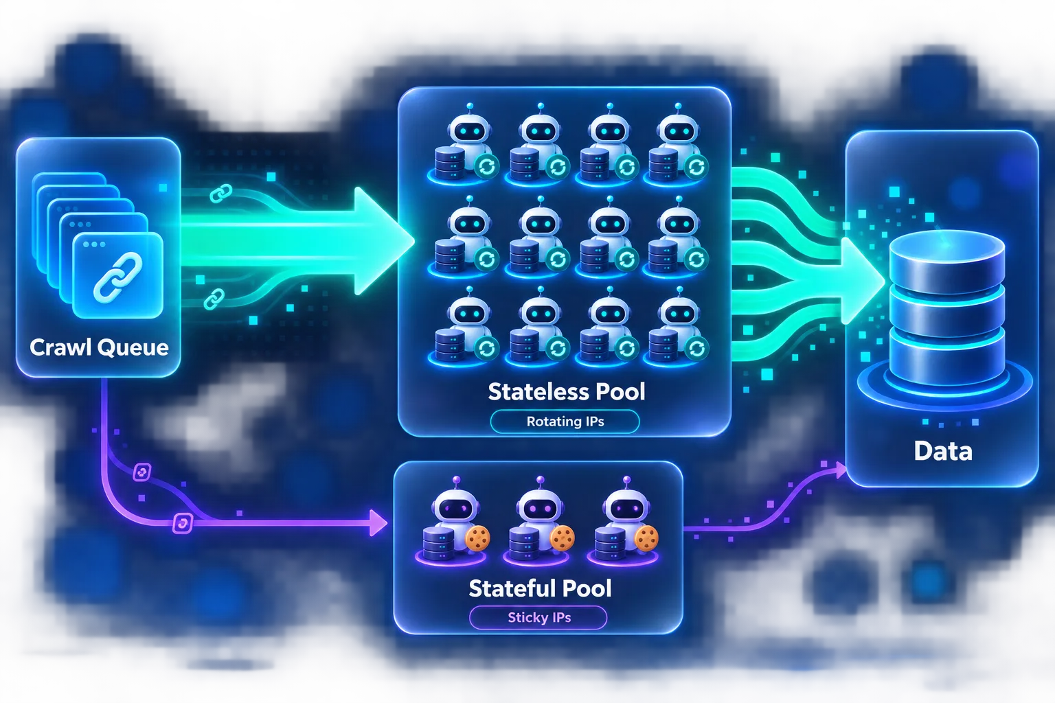 Hybrid scraping architecture: a crawl queue feeding a large stateless pool on rotating IPs and a small stateful pool on sticky IPs