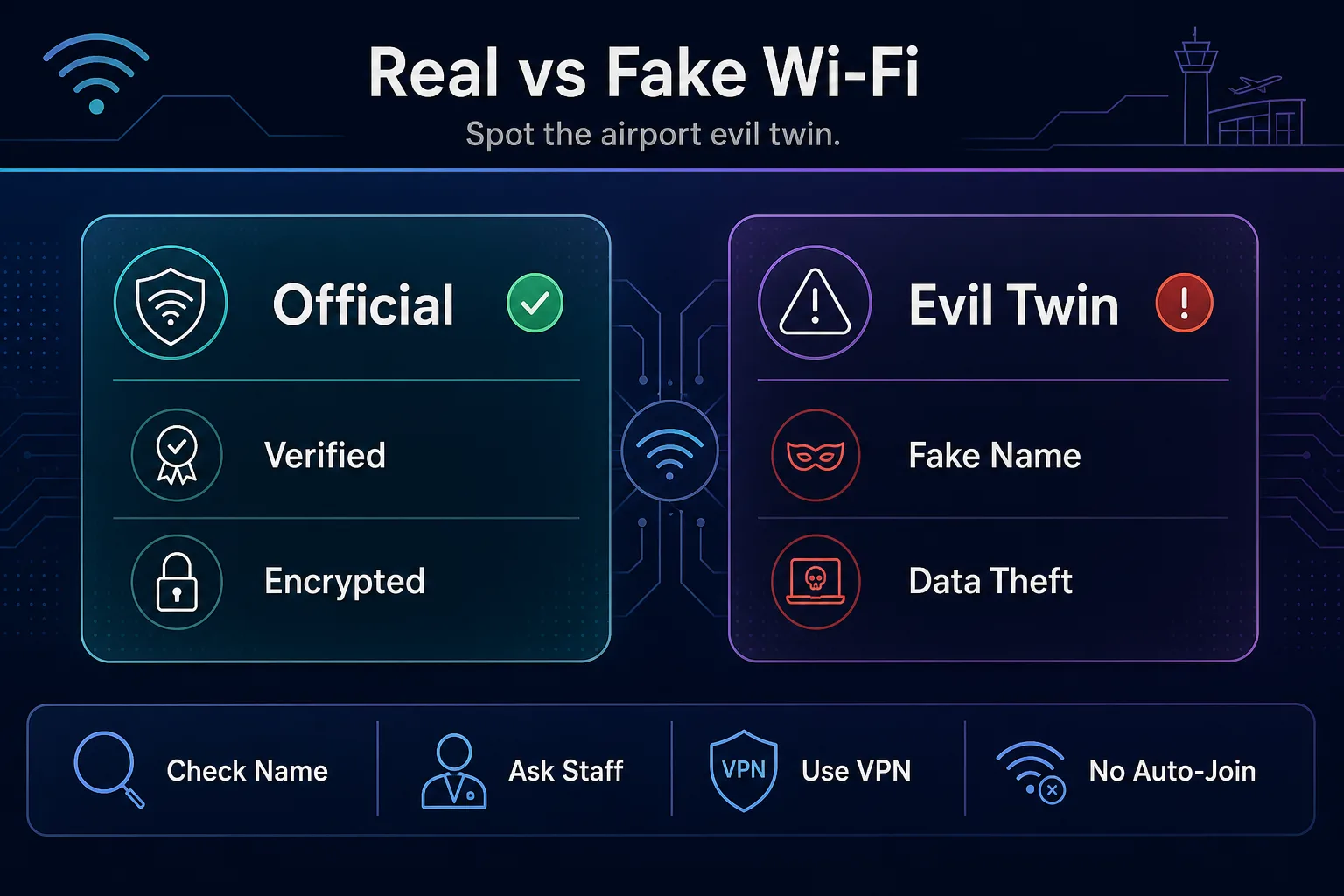 Comparison infographic of a real official airport Wi-Fi network with a green verified check versus a fake evil twin hotspot flagged with a red warning